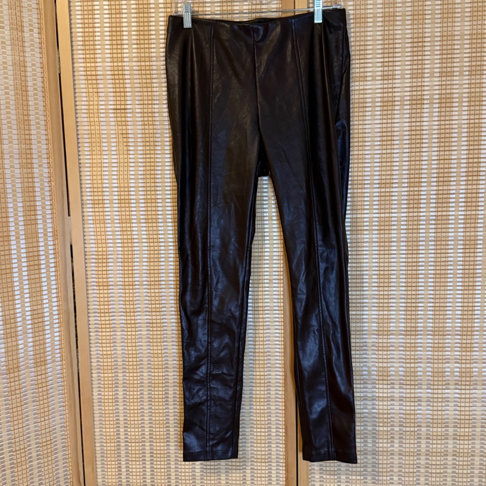 Halston Womens Faux Leather Leggings Dark Brown Seamed Front Pull On Pants Small